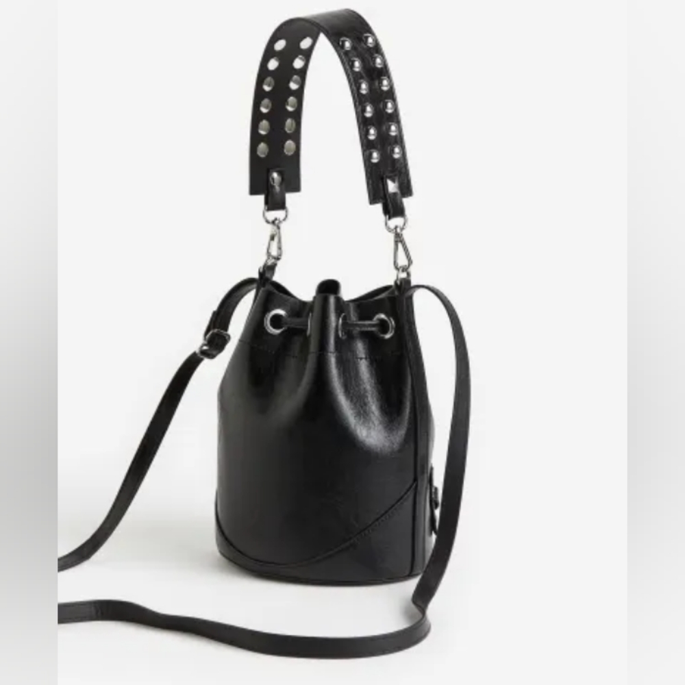 H&M STUDDED BLACK FAUX LEATHER BUCKET BOHO ROCK PUNK BAG PURSE CLUTCH CROSSBODY